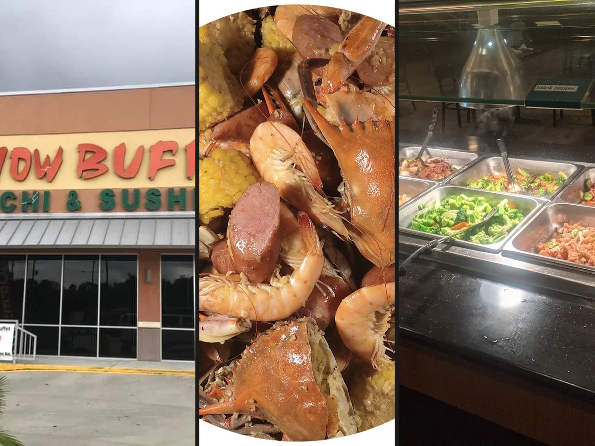 Sushi rolls and crab dishes on display