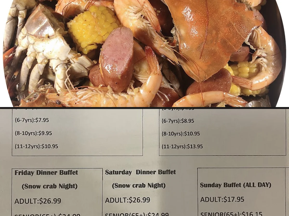 Sushi rolls and crab dishes on display