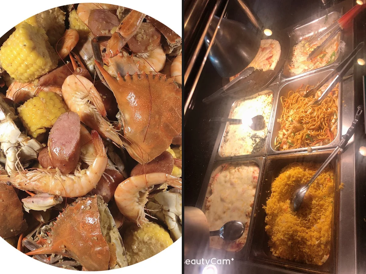 Sushi rolls and crab dishes on display