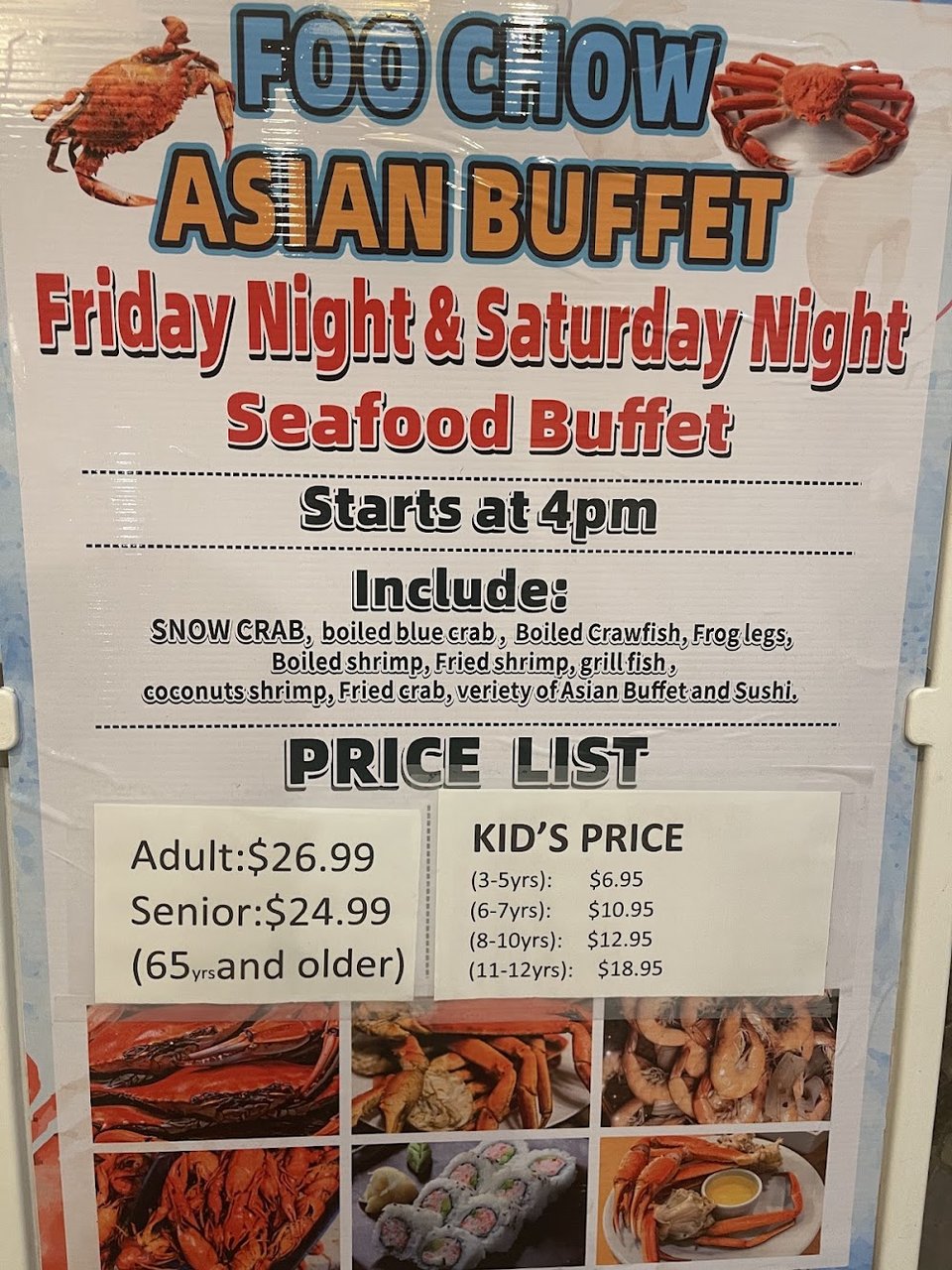 Printed menu with lunch and dinner buffet options